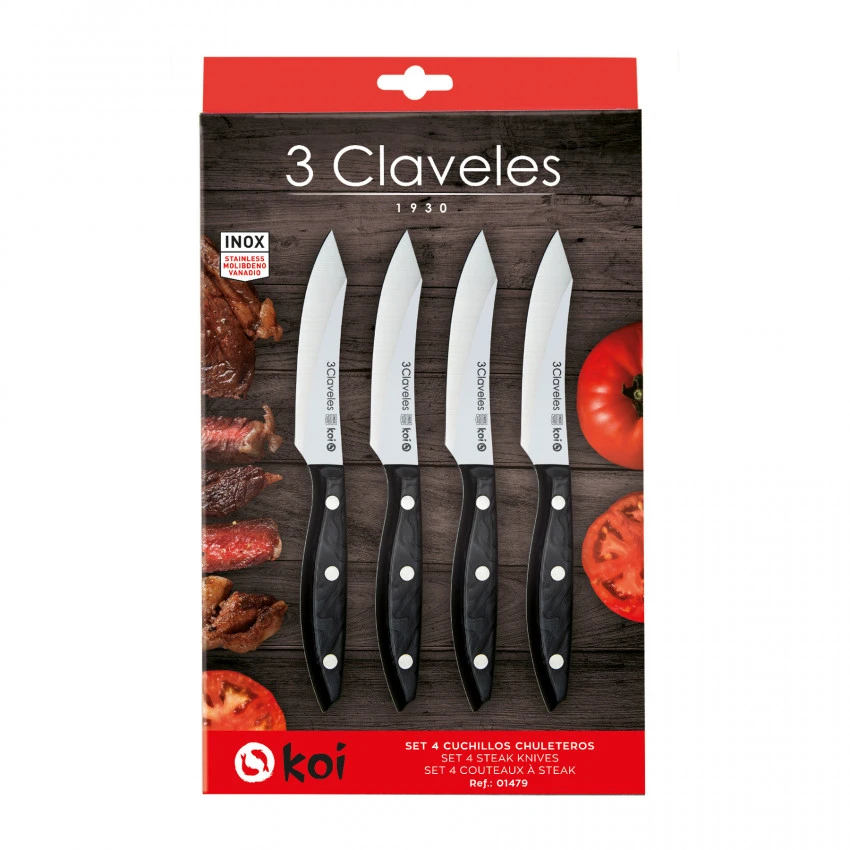 Set 4 Cuchillos Chuleteros 3 CLAVELES KOI Negros - Imagen 2